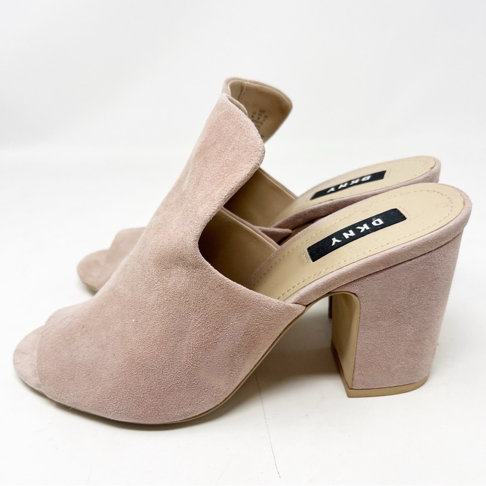 Dkny Tan Suede Slip On Block Heel Mules Sandals Womens Sz 8.5